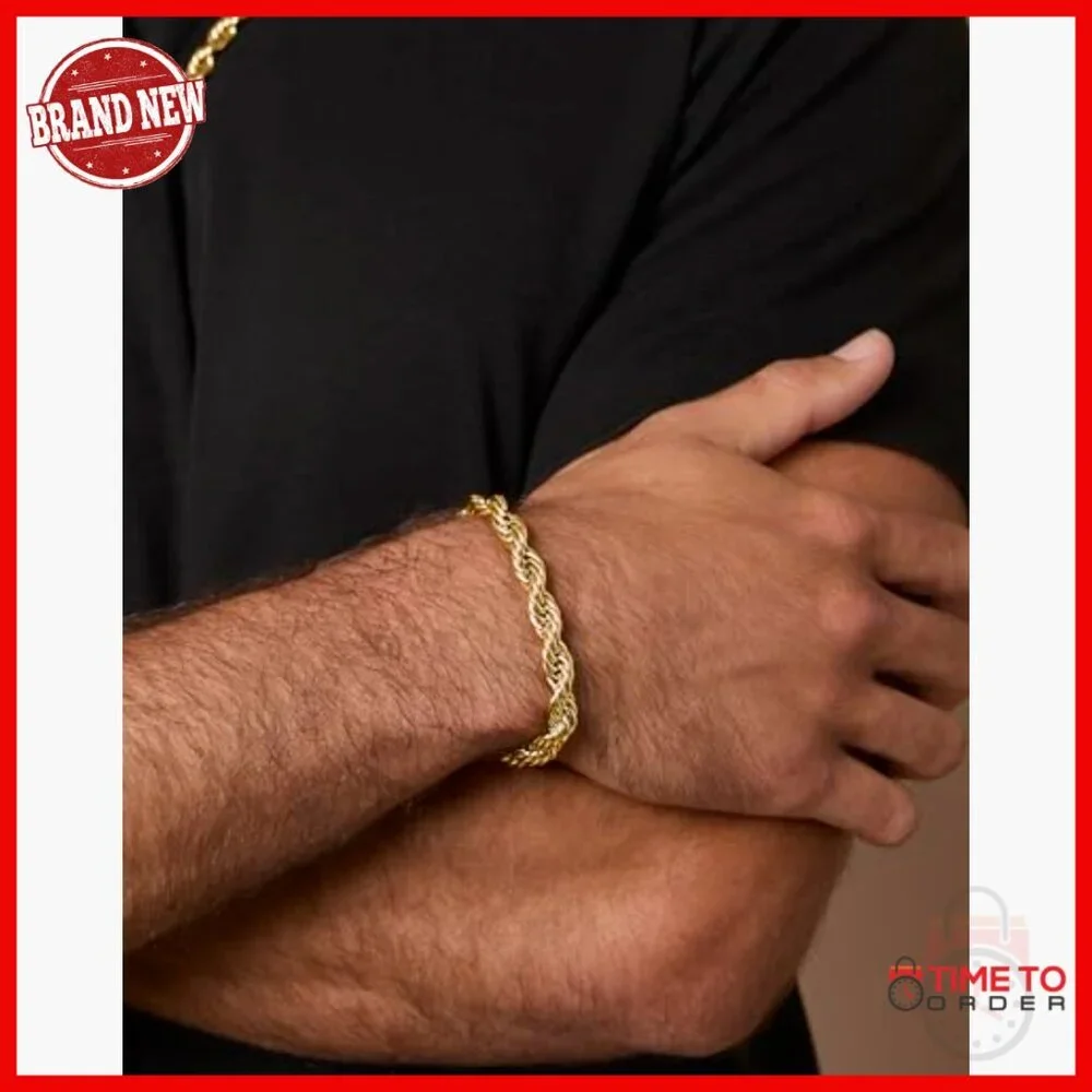 Stainless Steel Rope Chain Bracelet 8MM Gold-Tone 9 Inch Durable Link Jewelry
